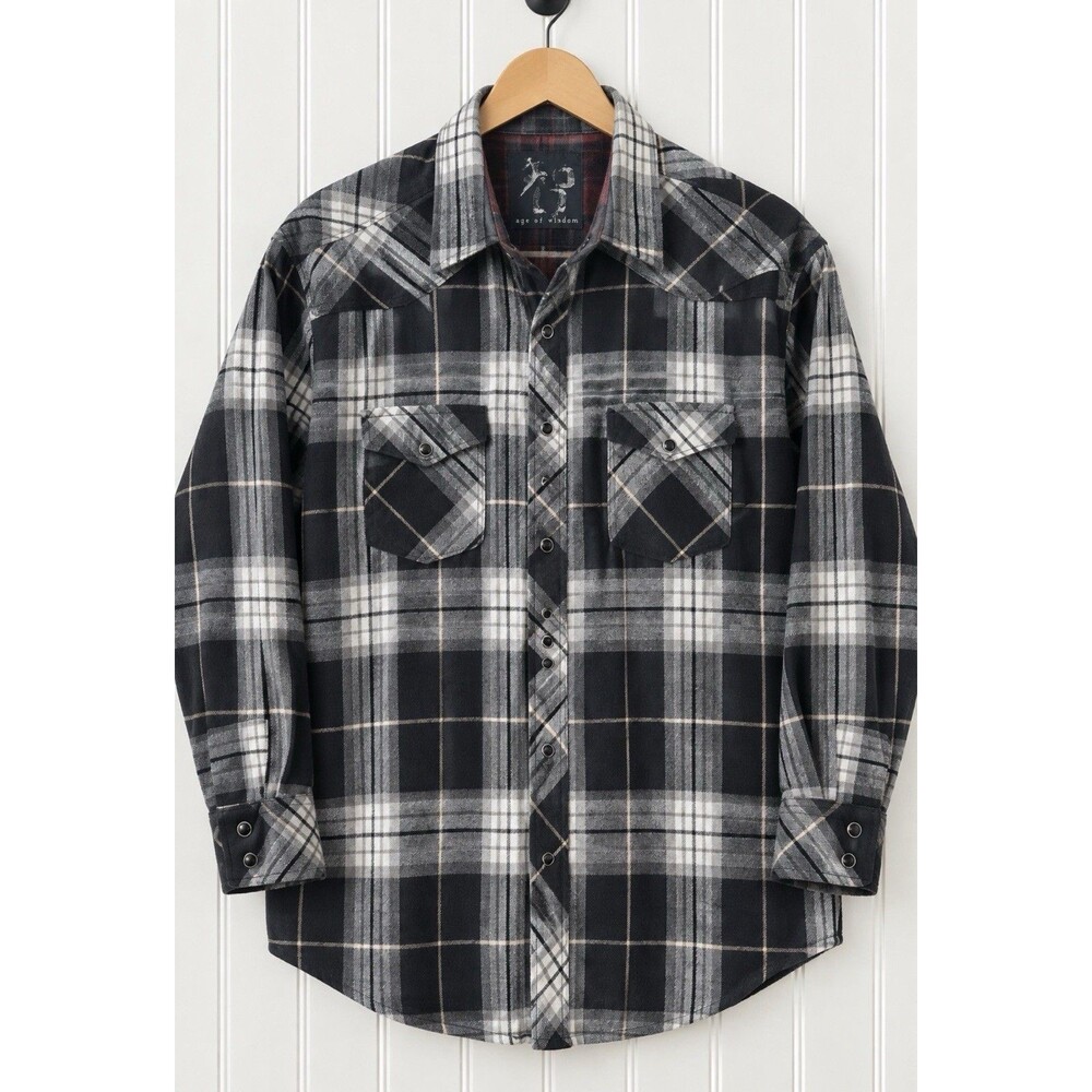 Age Of Wisdom Men's XL Western Flannel Shirt Plaid Pearl Snap 100% Cotton
